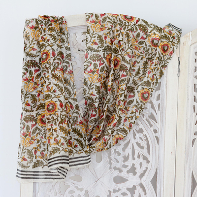 Cotton scarf, 'Goldenrod Garden' - Floral-Motif Chanderi Cotton Scarf