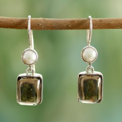 Cultured pearl and smoky quartz dangle earrings, 'Bangalore Glam' - Pearls and Smoky Quartz Earrings from India