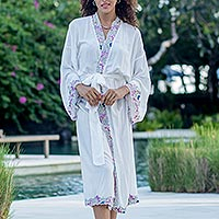Embroidered robe, 'White Lilies' - Embroidered White Rayon Robe