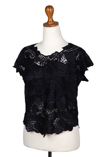 Hand-embroidered rayon blouse, 'Night Bloom' - Hand-Embroidered Black Rayon Blouse with Floral Motif
