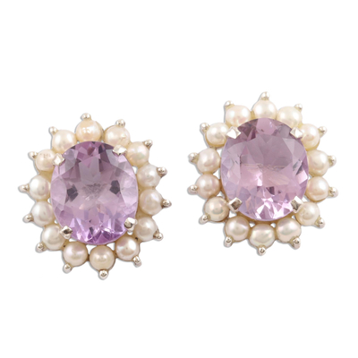 Amethyst and cultured pearl button earrings, 'Lilac Facets' - Purple Amethyst Freshwater Cultured Pearl Button Earrings