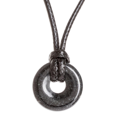 Jade pendant necklace, 'Circle of Love in Black' - Adjustable Black Jade Necklace