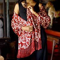 Silk batik shawl, 'Ruby Royale' - Handmade Batik Silk Patterned Shawl