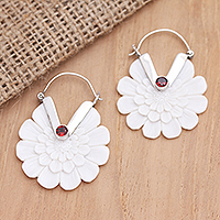 Garnet hoop earrings, 'Soft Curves' - Garnet and Sterling Silver Floral Hoop Earrings