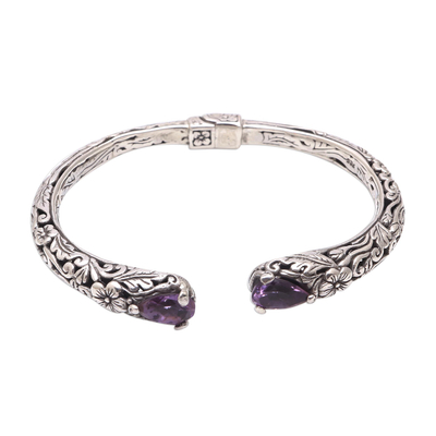 Amethyst cuff bracelet, 'Hint of Twilight' - Amethyst and Sterling Silver Floral Motif Cuff Bracelet