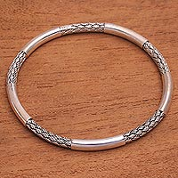 Sterling silver bangle bracelet, 'Memory Weaver' (7.5 inch) - Sterling Silver Balinese Weaving Bangle Bracelet (7.5 Inch)