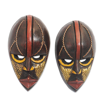 African wood mini-masks, 'Ntaafo' (pair) - Ghanaian Handmade Small Decorative Wood Masks (Pair)