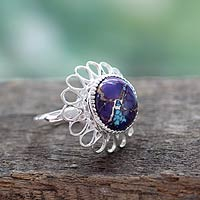 Sterling silver flower ring, 'Violet Blossom' - Purple Composite Turquoise Ring