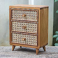Teak wood and natural fiber jewelry box, 'Timeless Appeal' - Teak Wood and Rattan Fiber Jewelry Box