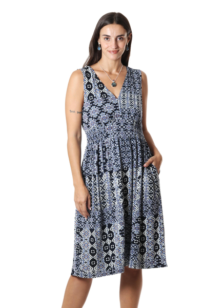Viscose sundress, 'Mughal Blue' - Floral-Patterned Viscose A-Line Dress