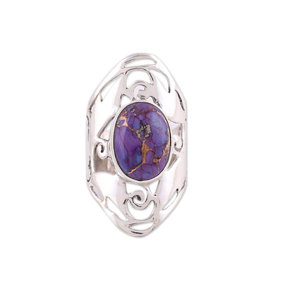 Sterling silver cocktail ring, 'Refined Purple' - Wide Sterling Silver Jali Ring with Purple Turquoise