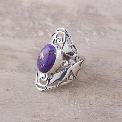 Sterling silver cocktail ring, 'Refined Purple' - Wide Sterling Silver Jali Ring with Purple Turquoise