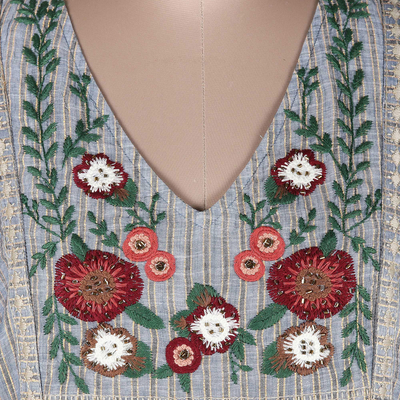 Embroidered cotton babydoll dress, 'Kajili' - Embroidered Cotton Babydoll Dress with Floral Motif