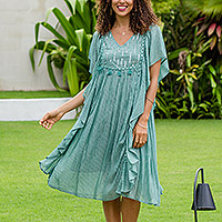 Viscose caftan dress, 'Cool Chic' - Hand Embroidered Jade Caftan Dress from India