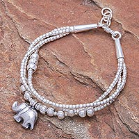 Silver beaded charm bracelet, 'Little Karen Elephant' - Thai Karen Hill Tribe Silver Elephant Bracelet