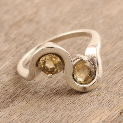 Citrine cocktail ring, 'Sun Twin' - Hand Made Citrine and Sterling Silver Cocktail Ring