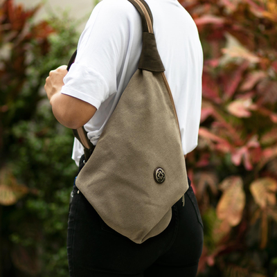 Leather-accented cotton shoulder bag, Style on the Go in Beige