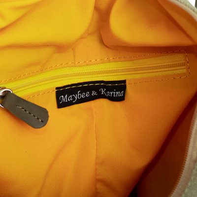 Bolso de hombro de algodón con detalles en cuero, 'Style on the Go in Beige' - Bolso/mochila de hombro de lona convertible