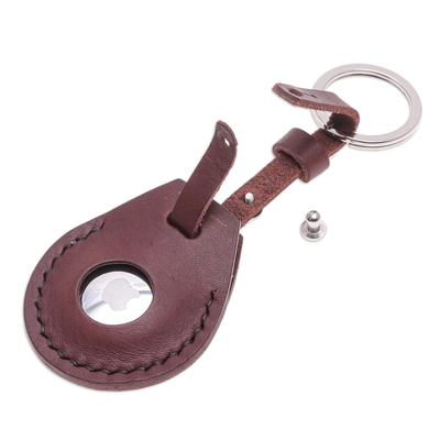 Leather air tag holder keychain, 'Smart Security in Brown' - Artisan Crafted Genuine Leather Air Tag Holder with Keyring