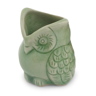 Celadon ceramic holder, 'Happy Green Owl' - Handcrafted Green Thai Celadon Bird Theme Pot