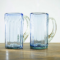 Handblown glass beer mugs, 'Indigo Fun' (pair) - Eco-Friendly Handblown Glass Beer Mugs from Mexico (Pair)