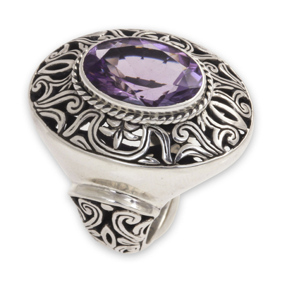 Amethyst cocktail ring, 'Kintamani Twilight' - Amethyst and Sterling Silver Cocktail Ring from Bali