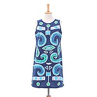 Tie-dyed batik cotton sheath dress, 'Blue Morning' - Batik and Tie-Dyed Graphic Cotton Sheath Dress