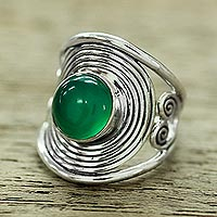 Onyx cocktail ring, 'Evergreen Spiral' - Sterling Silver Cocktail Ring from India with Green Onyx