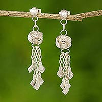 Sterling silver waterfall earrings, 'Love Knots' - Hand Made Modern Sterling Silver Chandelier Earrings