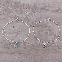 Multi-gemstone charm bracelets, 'Dainty Duo in Blue and Black' (pair) - Multi-Gemstone Sterling Silver Charm Bracelets (Pair)