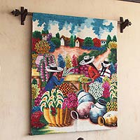Wool tapestry, 'The Florists' - Peruvian Floral Wool Tapestry Wall Hanging