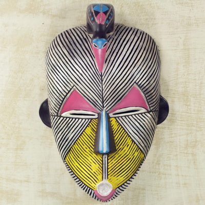 African wood mask, 'Songye Kwifibe I' - African Protection Spirit Wall Mask Artisan Crafted Wood Art