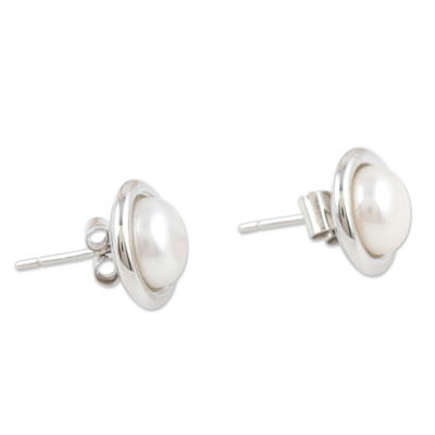 Cultured pearl button earrings, 'Enduring Beauty' - Sterling Silver and Cultured Pearl Earrings