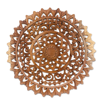 Panel en relieve de madera - Panel en relieve de madera de suar floral circular tallado a mano de Bali