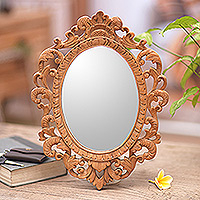 Wood wall mirror, 'Keraton Rococo' - Wood Rococo-Style Wall Mirror with Natural Finish