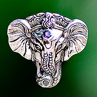 Men's silver pendant, 'Wise Ganesha' - Men's Handmade Sterling Silver and Amethyst Pendant