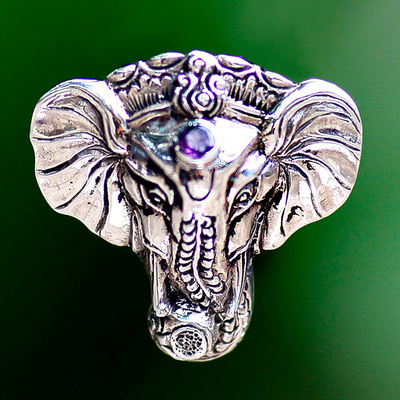 Men's silver pendant, 'Wise Ganesha' - Men's Handmade Sterling Silver and Amethyst Pendant