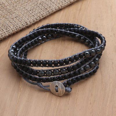 Hematite wrap bracelet, 'Deep Within' - Hematite and Lava Stone Wrap Bracelet from Bali