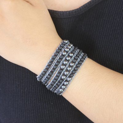 Hematite wrap bracelet, 'Deep Within' - Hematite and Lava Stone Wrap Bracelet from Bali