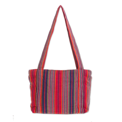 Cotton tote, 'Festive Stripes' (11 inch) - Red and Navy Stripe Handwoven Cotton Lined Tote (11 Inch)