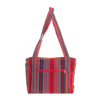 Baumwolltasche, „Festive Stripes“ (11 Zoll) - Handgewebte, mit Baumwolle gefütterte Tasche mit roten und marineblauen Streifen (11 Zoll)