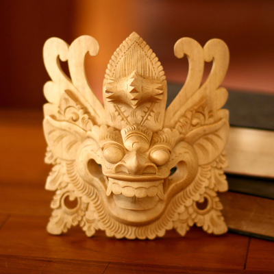 Wood mask, 'Protective Balinese Barong' - Hand Made Cultural Wood Mask