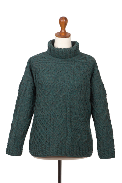 Wool cowl neck sweater, 'Aran Patchwork' - Irish Merino Wool Cowl Neck Sweater