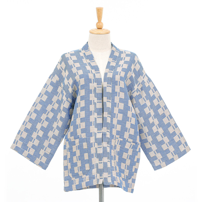 Cotton kimono jacket, 'Modern Squares in Blue' - Open Kimono Jacket in 100% Cotton