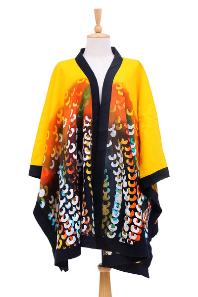 Chaqueta de kimono batik de lino, 'Lucky Autumn' - Chaqueta de kimono Batik de lino hecha a mano