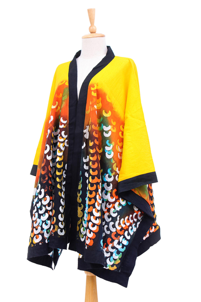 Chaqueta de kimono batik de lino, 'Lucky Autumn' - Chaqueta de kimono Batik de lino hecha a mano