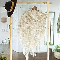 100% alpaca shawl, 'Ivory Angel' - Hand-Crocheted 100% Alpaca Floral Shawl in Ivory from Peru