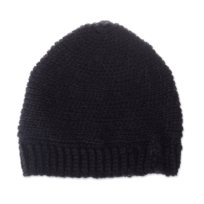 100% alpaca hat, 'Nightfall' - Black Hand Crocheted 100% Alpaca Hat from Peru