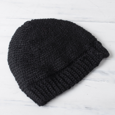 100% alpaca hat, 'Nightfall' - Black Hand Crocheted 100% Alpaca Hat from Peru