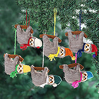 Wool holiday ornaments, Sweet Sloths (set of 6)